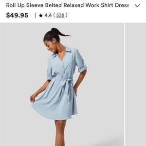 Halara roll sleeve dress with belt. Misted blue, new with tags, never worn!